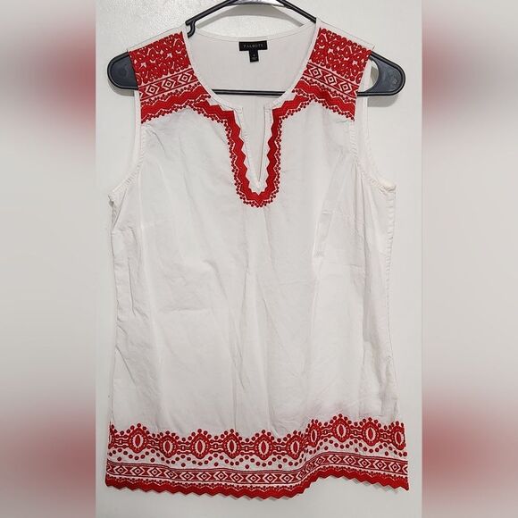 Talbots Sleeveless Aztec White w/ Red Embroidery Cotton Tunic Top Blouse -Size S - Picture 3 of 8